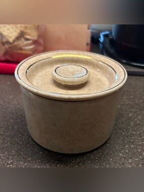 Wisconsin Porcelain Co Spotted Beige and Gold Lidded Jar Container